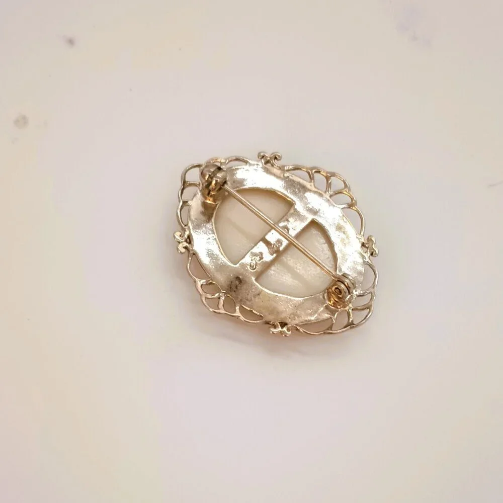 Jezlaine 925 Floral Cameo Brooch Vtg Sterling Silver Filigree Oval Porcelain Pin